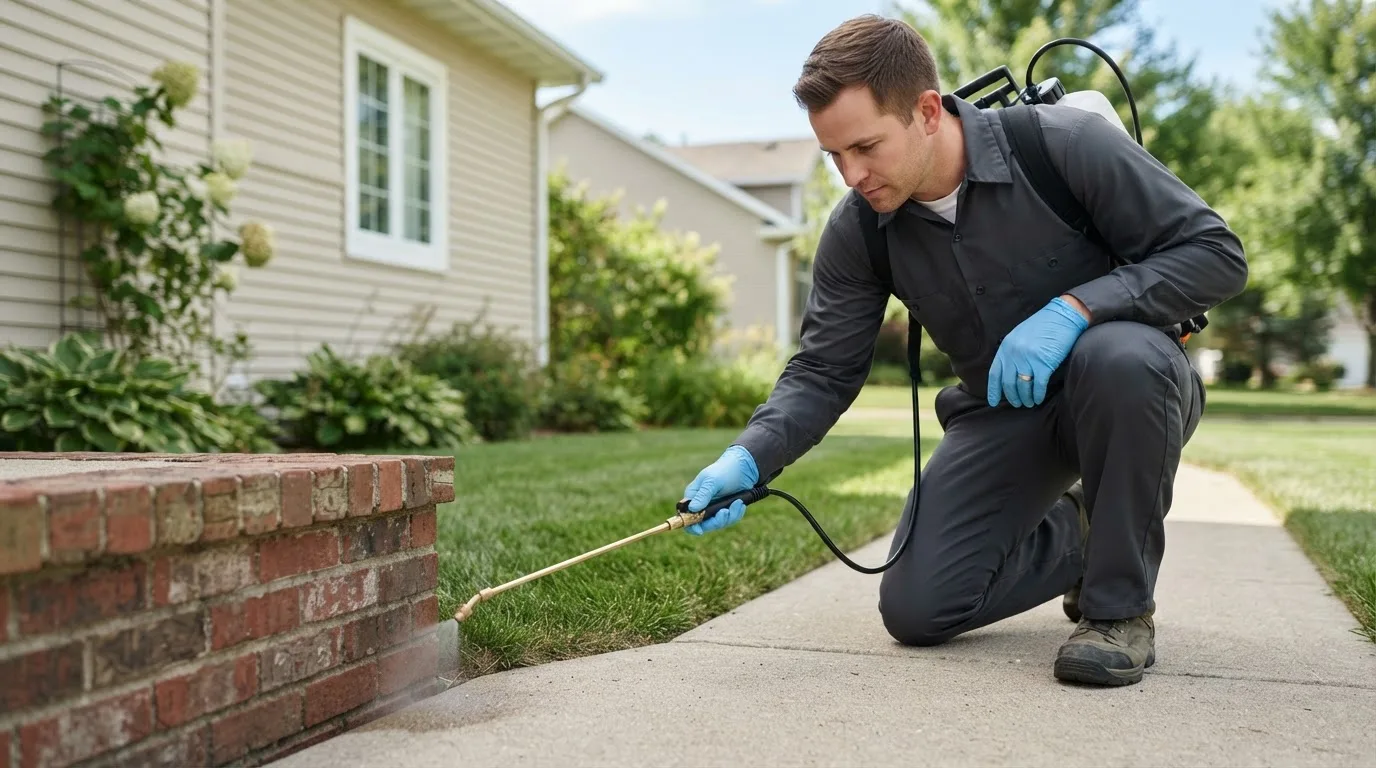 Pest control technician treating a home near Detroit Lakes, MN